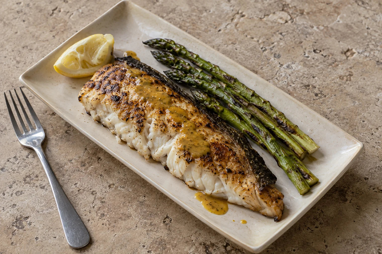 Grilled white fish and asparagus finished with Lemon Ginger Jerk hot sauce.