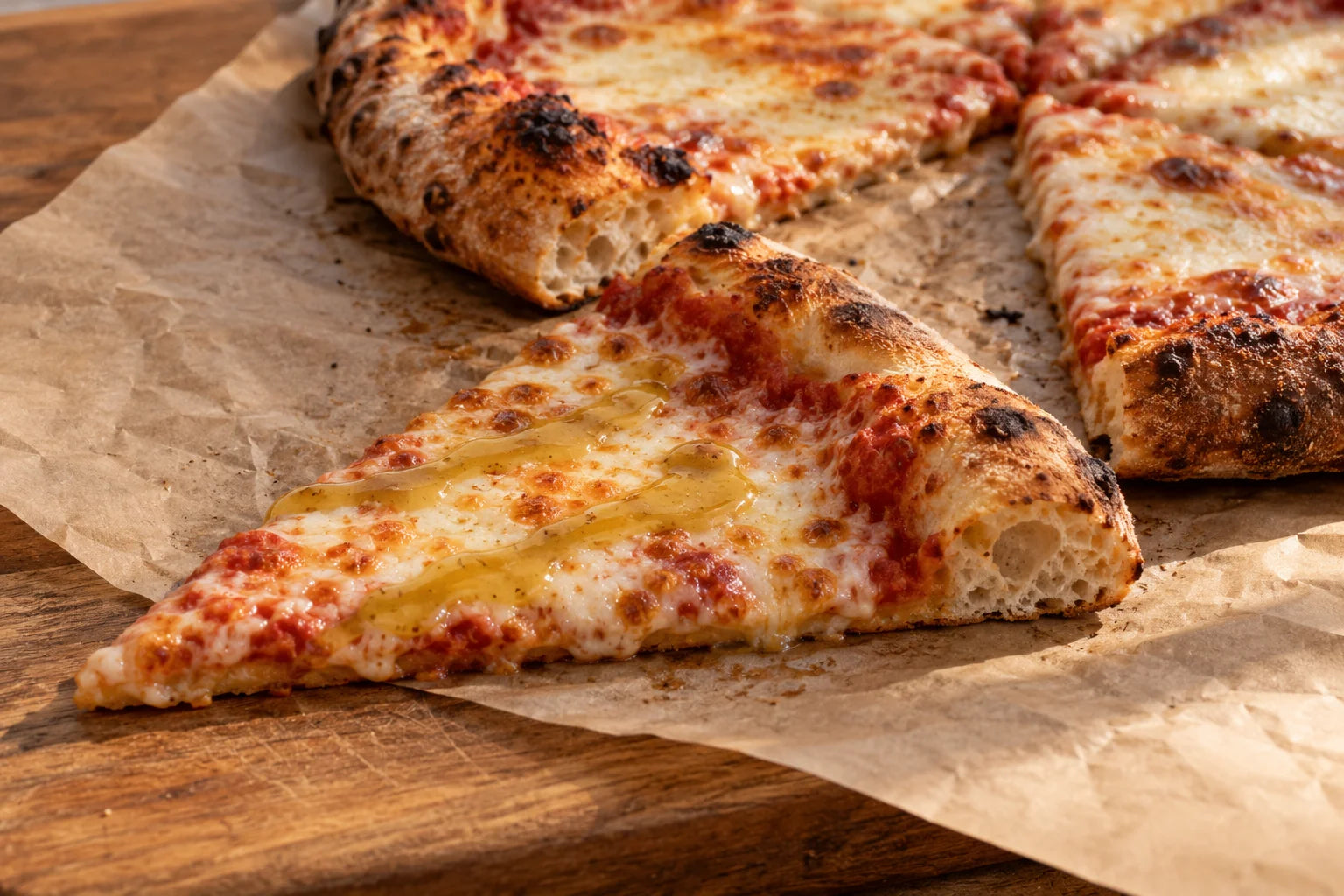 A cheese pizza slice finished with golden Pineapple Pizza hot sauce, with the remaining pie behind it.