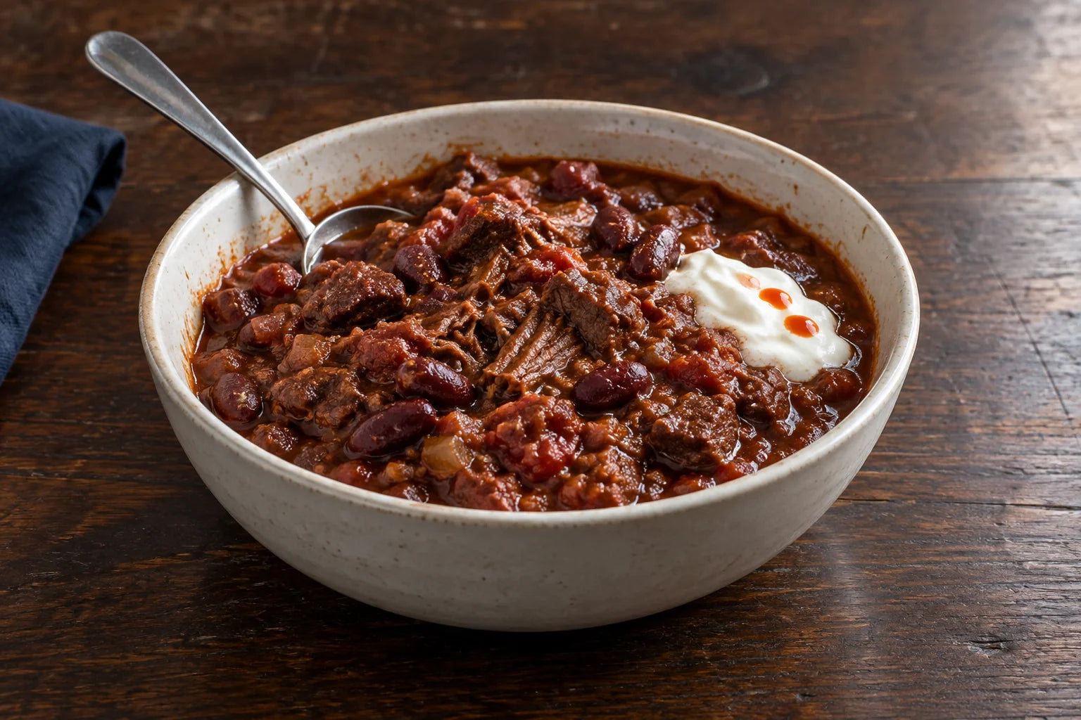 Beef and bean chili topped with sour cream and three small drops of Scorpion Koji hot sauce.