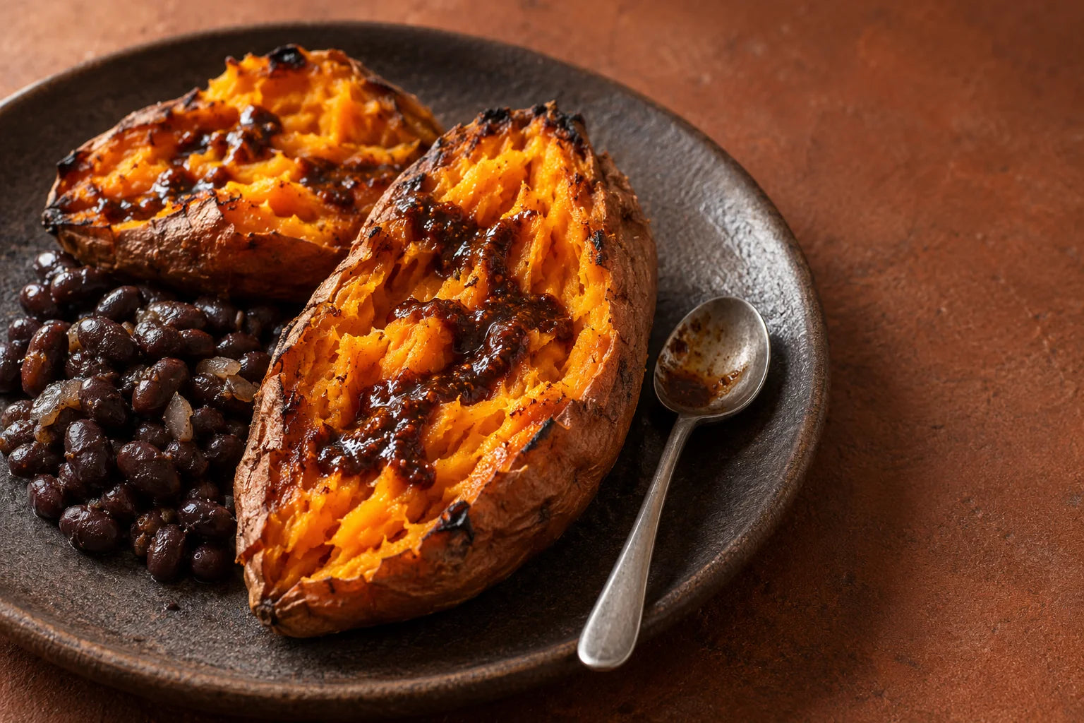 Roasted sweet potato and black beans with Oaxacan Mole hot sauce on a dark stoneware plate.
