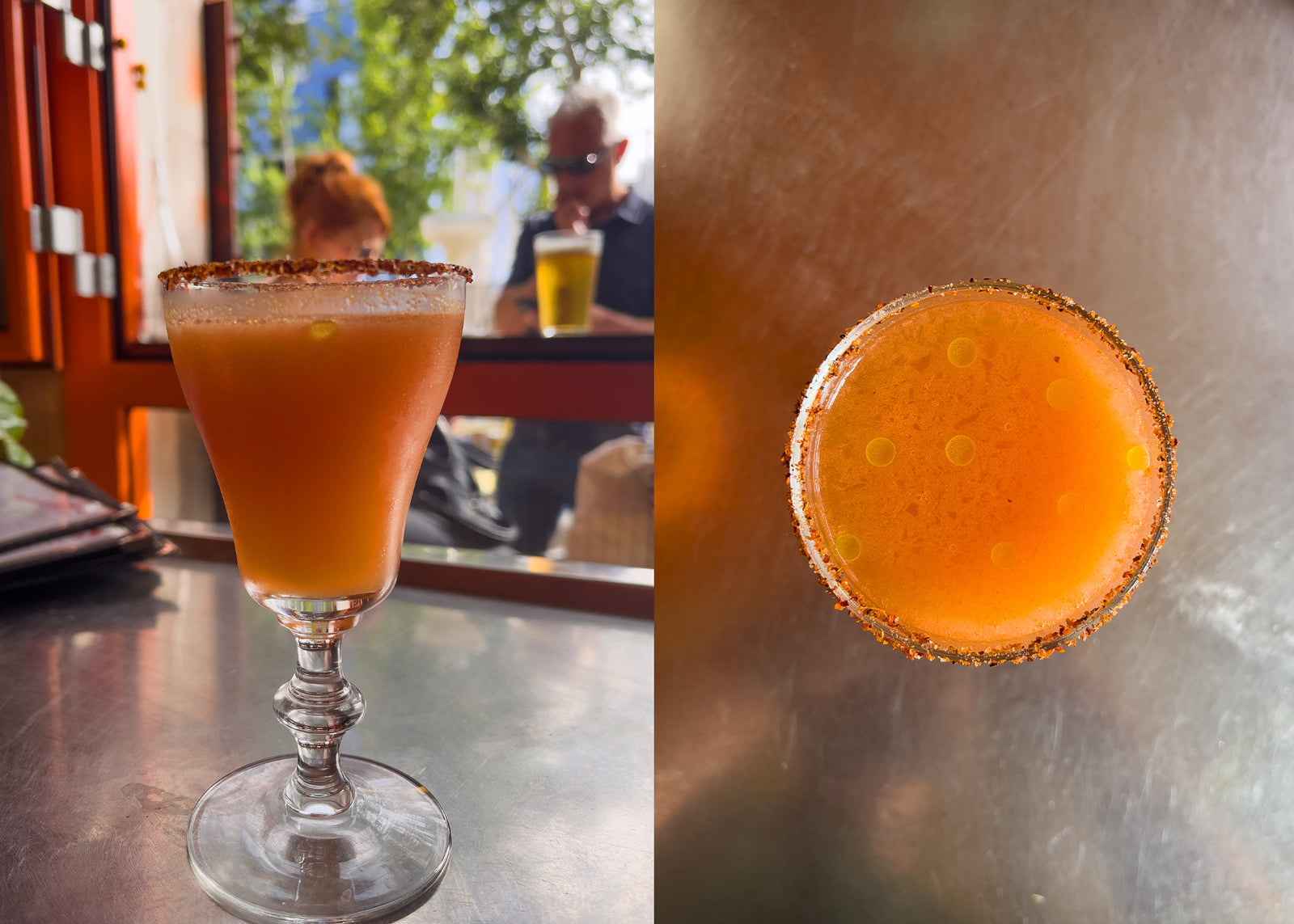 orange cocktail in a fancy glass on a bar, a view from the side and a view from the top