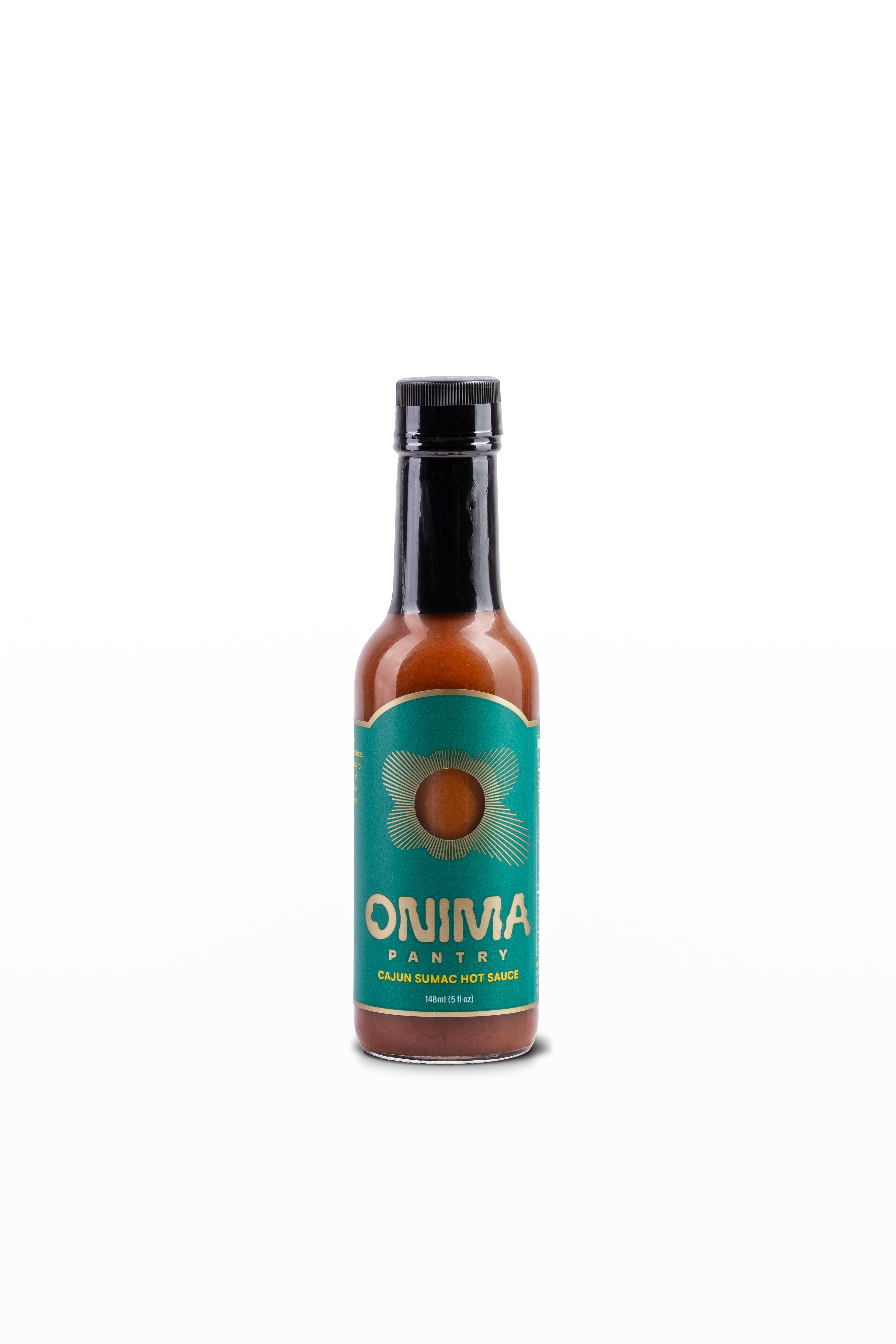 Front view of Cajun Sumac hot sauce in a 150ml glass bottle