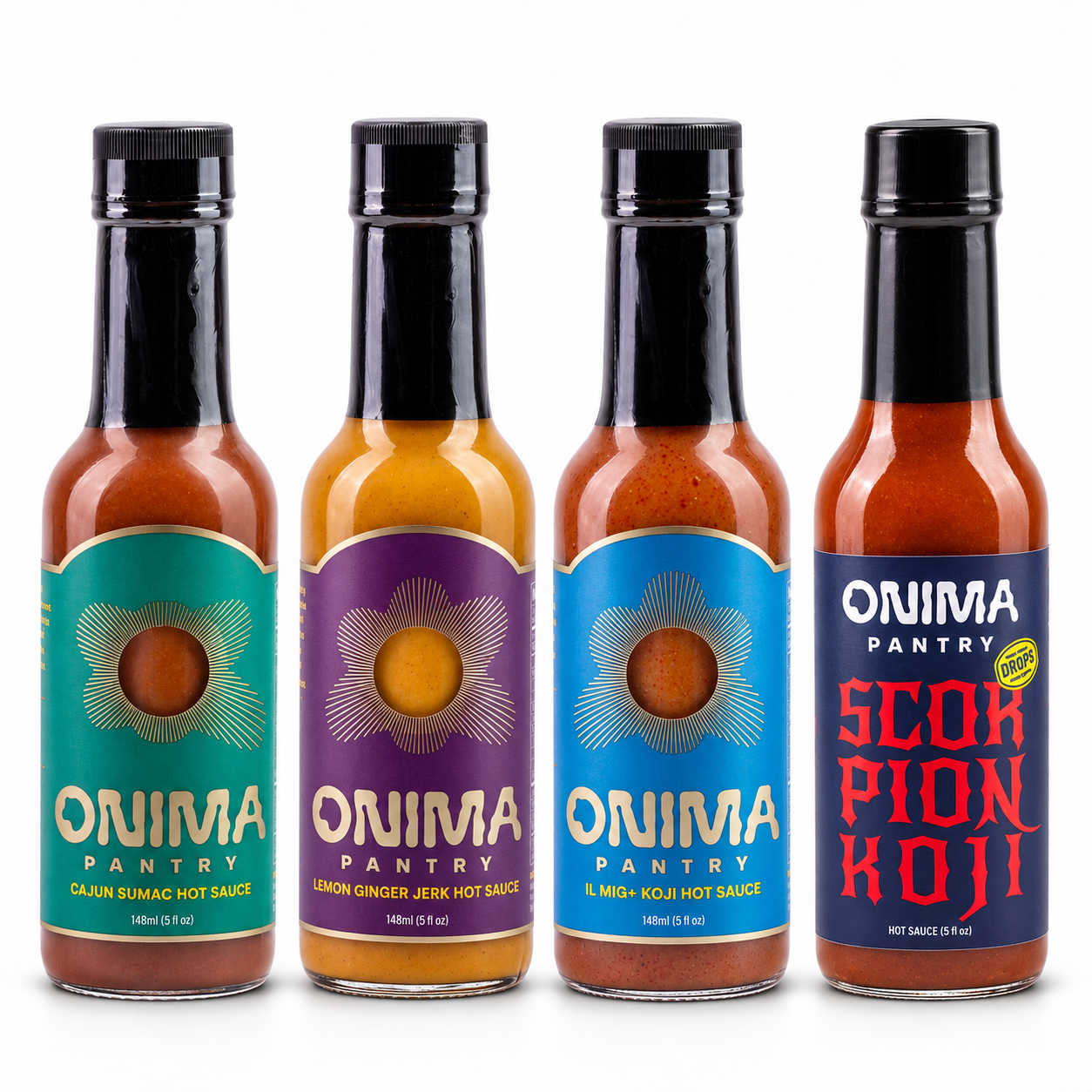 Heat Ladder bundle: one bottle each of Cajun Sumac, Lemon Ginger Jerk, Habanero Koji, Scorpion Koji on a white background. Habanero Koji is pictured in IL MIG+ packaging.